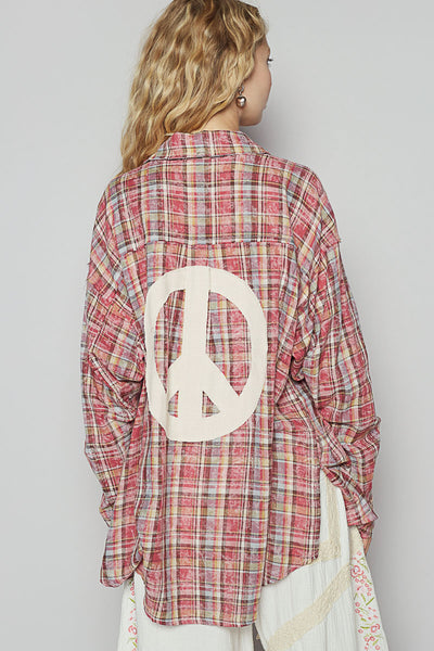 Pink Multi Pattern Peace Button Shirt