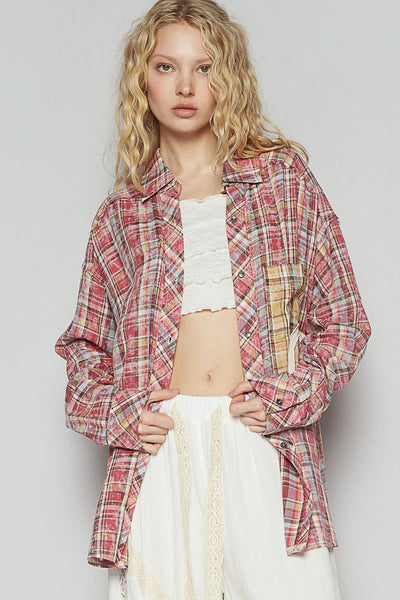Pink Multi Pattern Peace Button Shirt