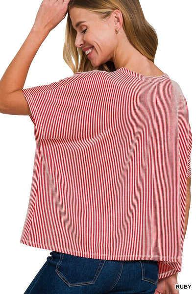 Ruby Kaisey Ribbed Striped Oversized Short Sleeve Top
