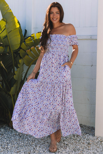 Purple Floral Smocked High Waist Maxi Dress