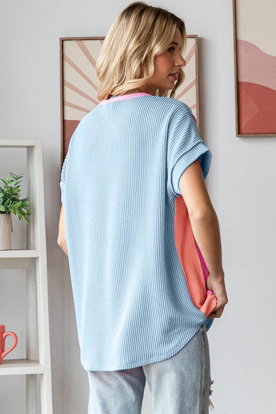 Blue & Pink Colorblock Ribbed Knit Top