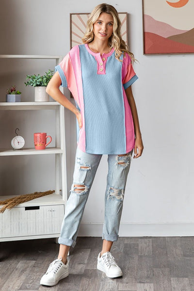 Blue & Pink Colorblock Ribbed Knit Top