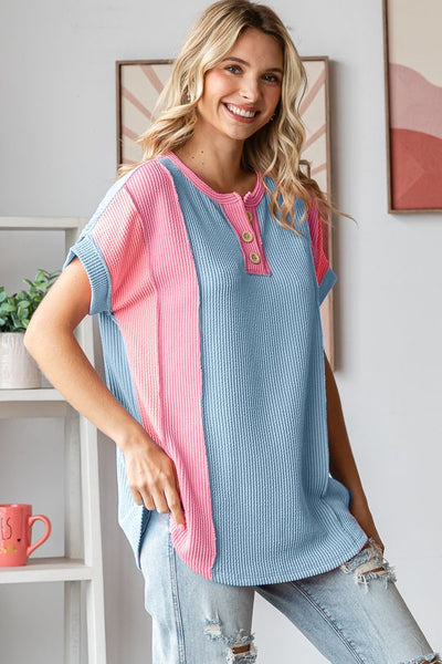 Blue & Pink Colorblock Ribbed Knit Top
