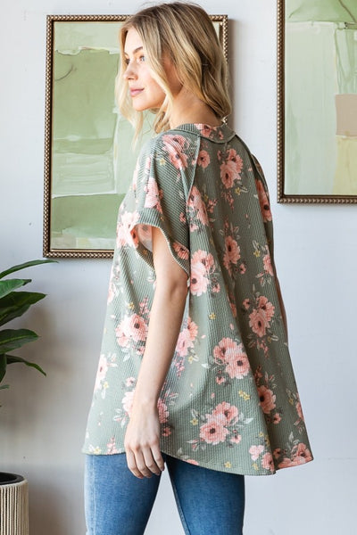 Olive Short Sleeve Ribbed Floral Top