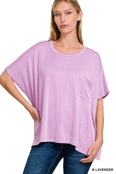 Lavender Kaisey Ribbed Striped Oversized Short Sleeve Top