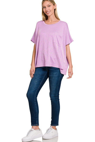 Lavender Kaisey Ribbed Striped Oversized Short Sleeve Top