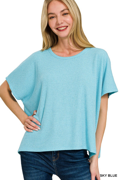Sky Blue Samara Ribbed Short Sleeve Knit Top