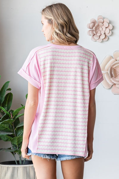 Pink Striped Short Sleeve Jacquard Top
