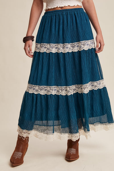 Teal Tiered Lace Trim Skirt
