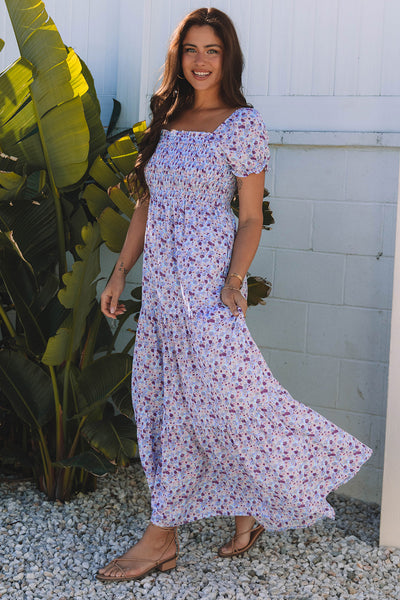 Purple Floral Smocked High Waist Maxi Dress