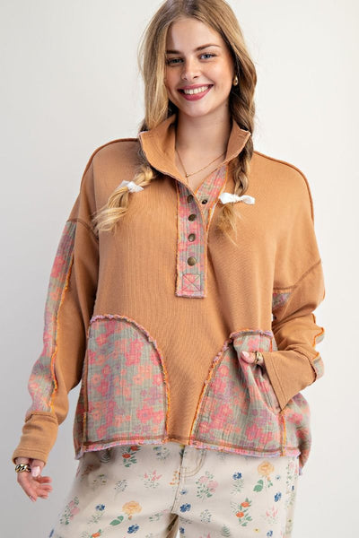 Camel Floral Print Terry Pullover