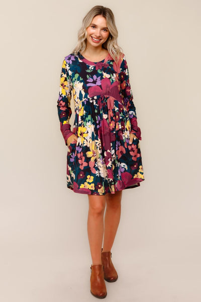 Dark Teal & Burgundy Floral Print Dress