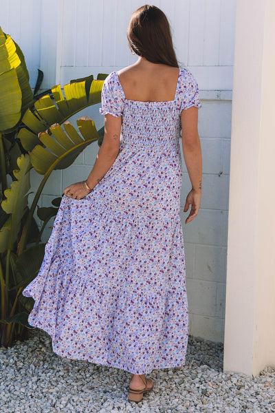 Purple Floral Smocked High Waist Maxi Dress
