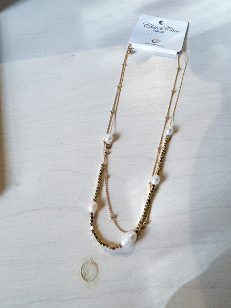 Gold Pearl Beaded Layered Necklace