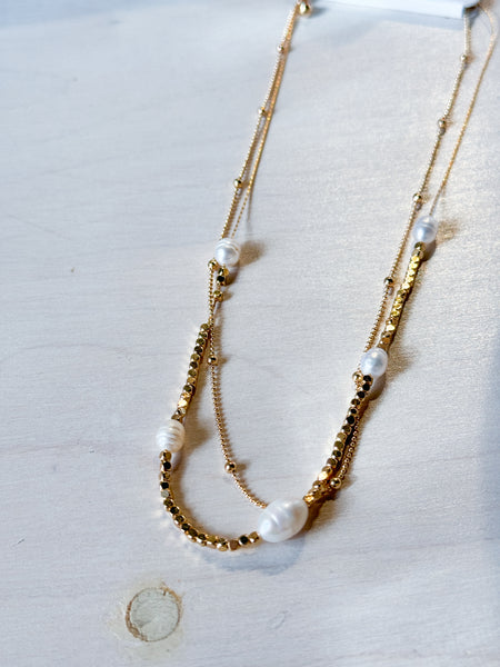 Gold Pearl Beaded Layered Necklace