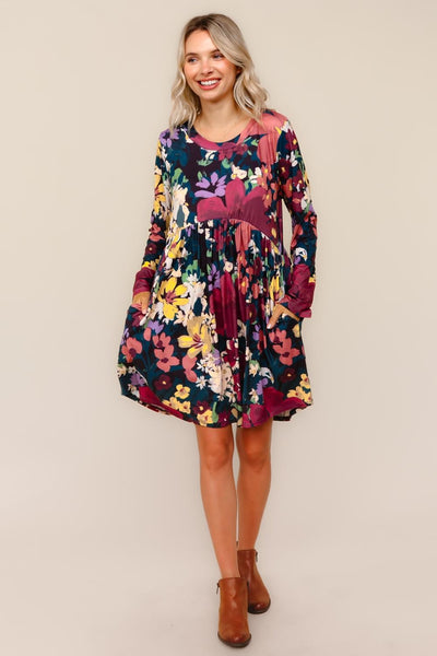 Dark Teal & Burgundy Floral Print Dress