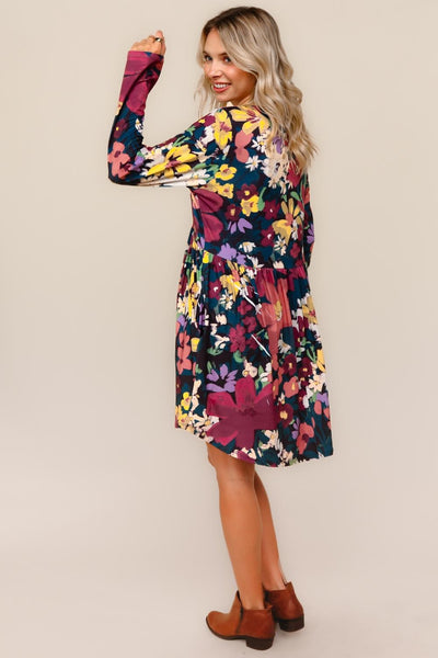 Dark Teal & Burgundy Floral Print Dress