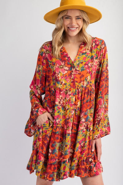 Olive & Red Floral Print Dress