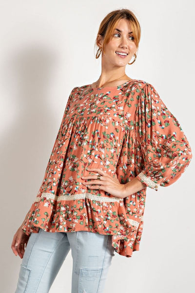 Peach Floral Print Tiered Top