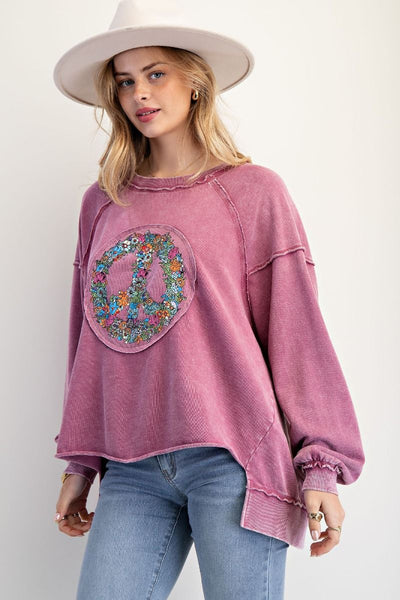 Mauve Floral Peace Terry Pullover