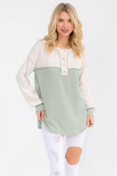 Sage Two Tone Ribbed Lace Detail Top