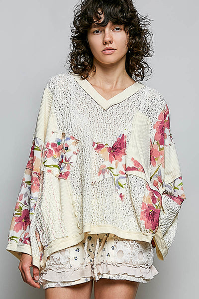 Cream Floral Print Patchwork Top