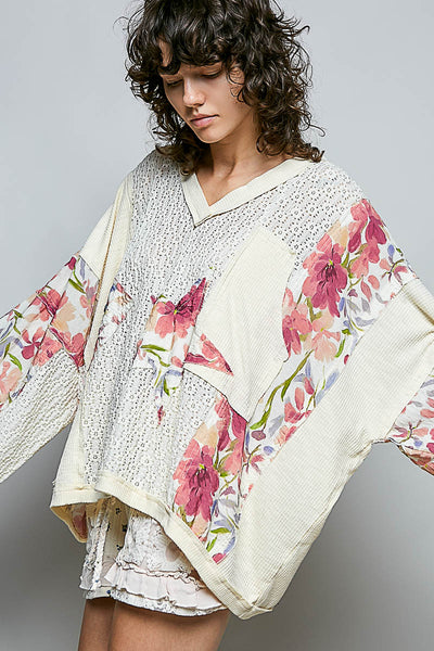 Cream Floral Print Patchwork Top