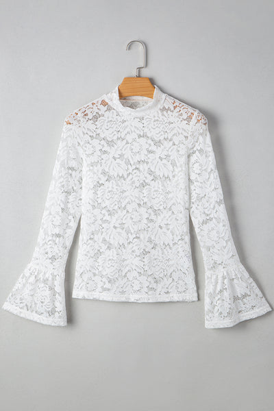 White Lace Bell Sleeve Mock Neck Top