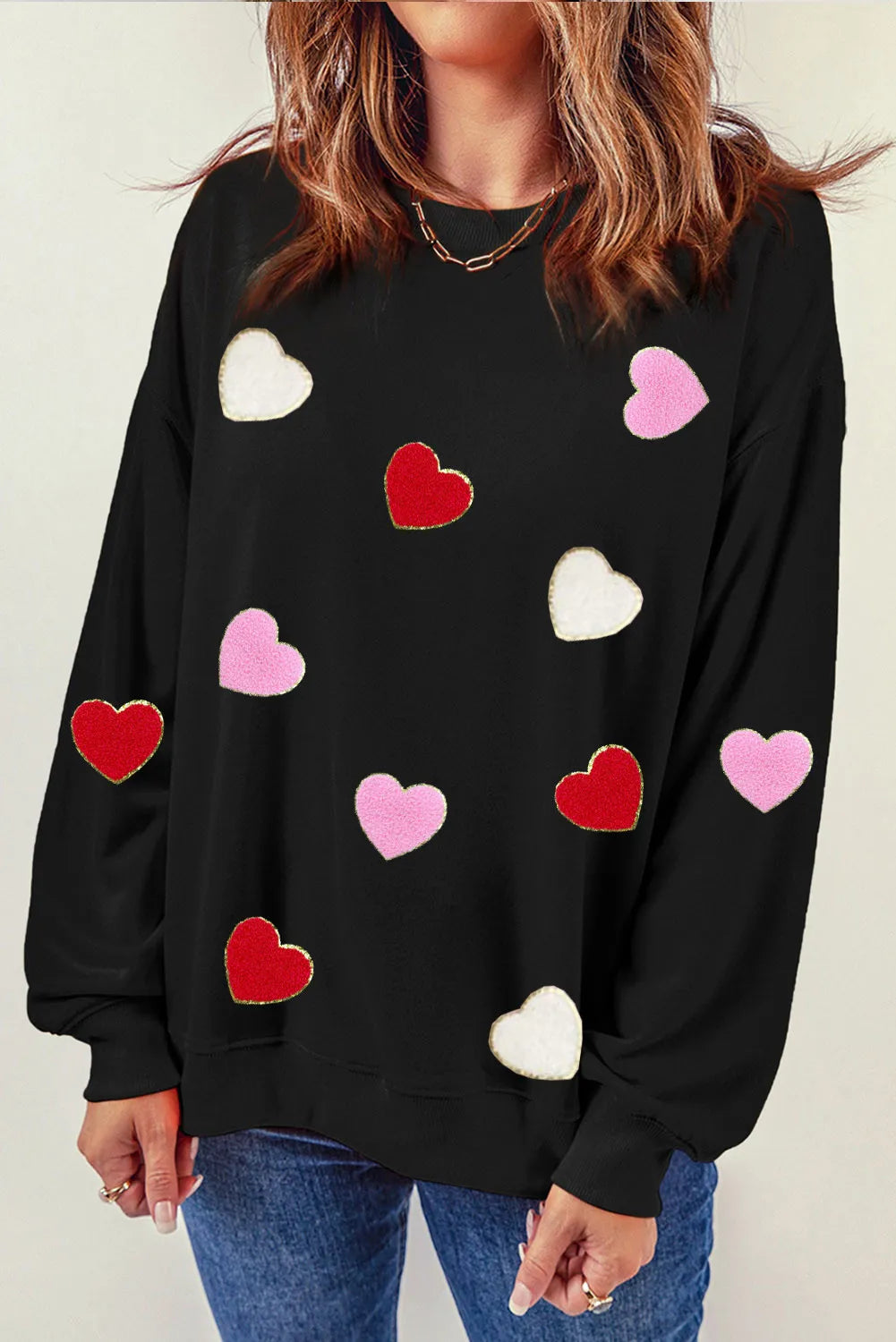 Black Chenille Hearts Sweatshirt
