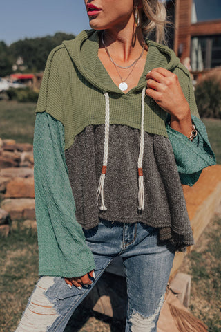 Green & Grey Colorblock Hooded Top