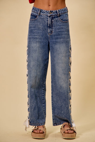 Mid Rise Lace Up Ribbon Jeans