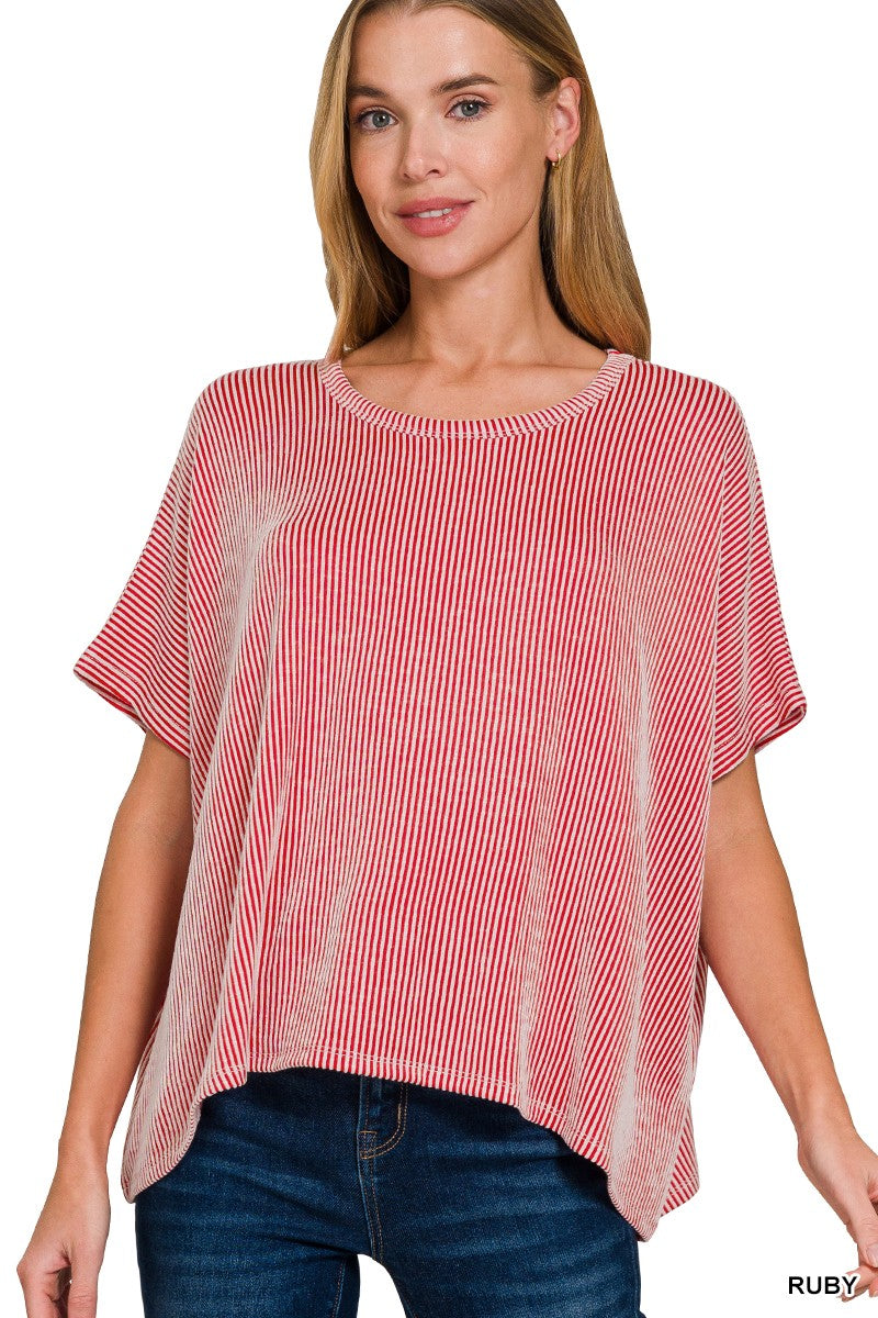 Ruby Kaisey Ribbed Striped Oversized Short Sleeve Top