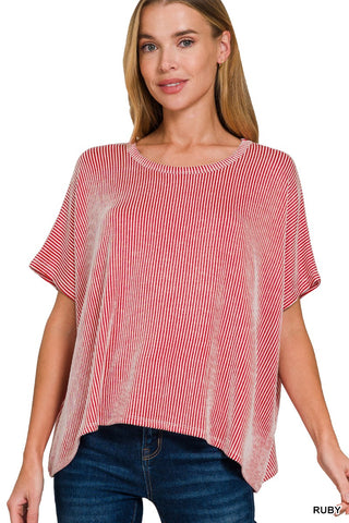 Ruby Kaisey Ribbed Striped Oversized Short Sleeve Top