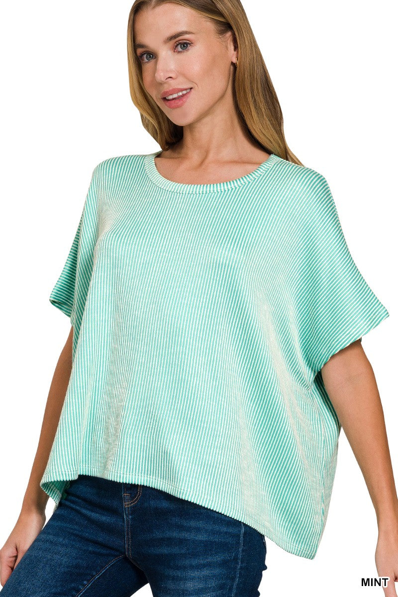 Turquoise Kaisey Ribbed Striped Oversized Short Sleeve Top