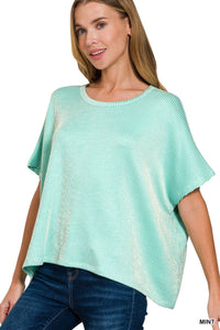 Turquoise Kaisey Ribbed Striped Oversized Short Sleeve Top