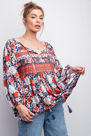 Floral Border Printed Challis Babydoll Top