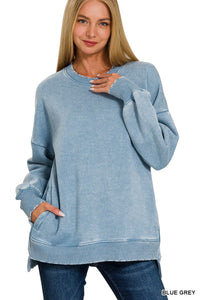Blue Grey Acid Wash Soft Knit Sweatshirt
