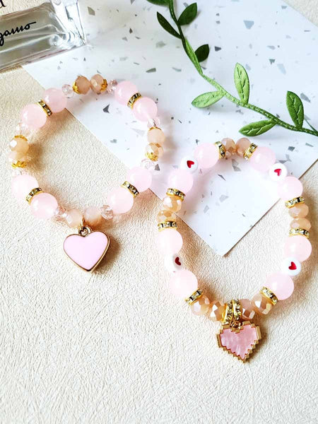Pink Heart Beaded Charm Bracelet