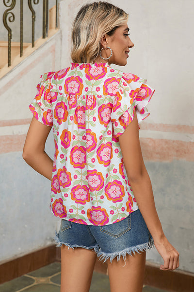 Rose Floral Ruffled Sleeve Ric Rac Blouse