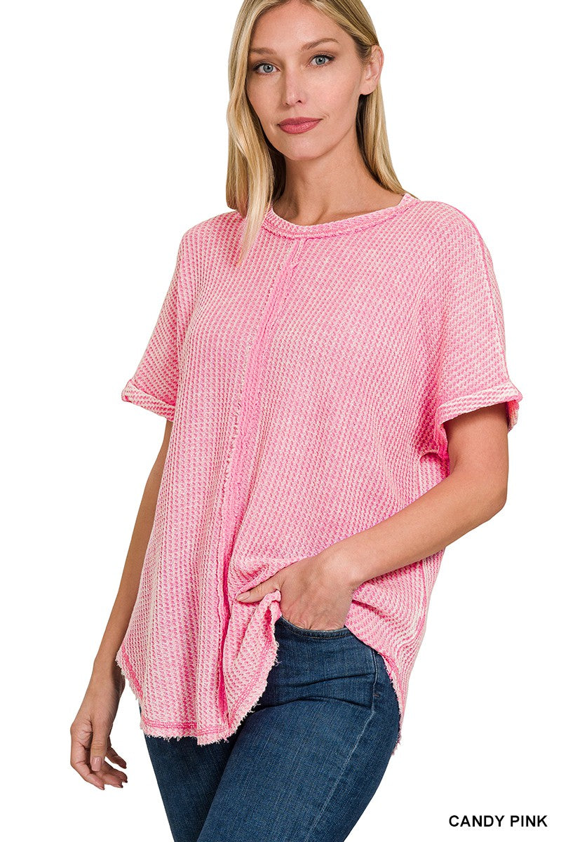 Candy Pink Acid Wash Waffle Knit Top