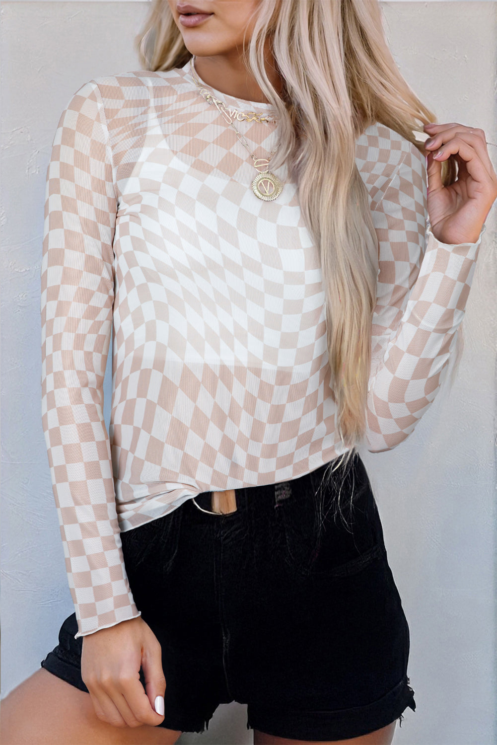 Khaki Checkered Pattern Mesh Top