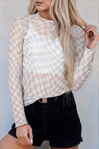 Khaki Checkered Pattern Mesh Top