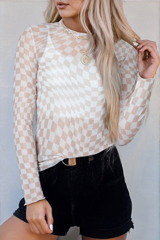 Khaki Checkered Pattern Mesh Top