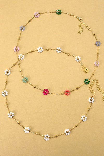 Summer Multicolor Beaded Flower Charm Necklace