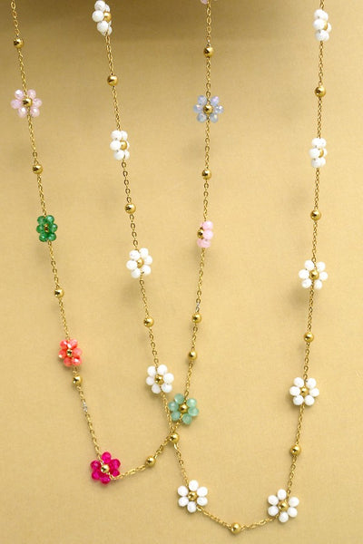 Summer Multicolor Beaded Flower Charm Necklace