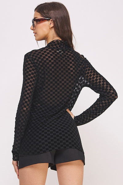 Black Checkered Mock Mesh Top