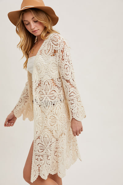 Beige Crocket Bell Sleeve Duster Cardigan