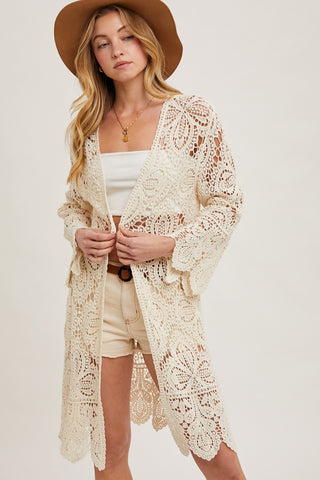 Beige Crocket Bell Sleeve Duster Cardigan