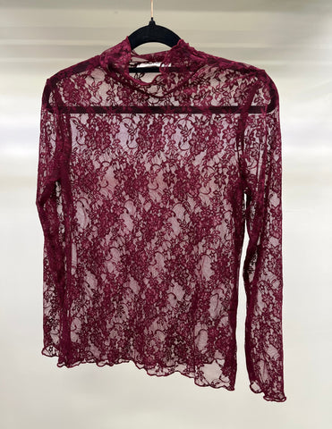 Burgundy Floral Lace Mesh Top