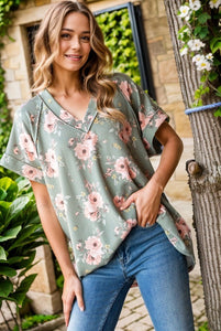 Olive Short Sleeve Ribbed Floral Top
